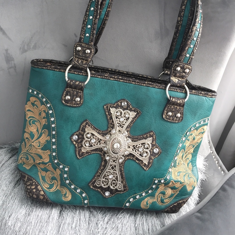 Turquoise Faux Leather Shoulder Bag w/ Metal Cross